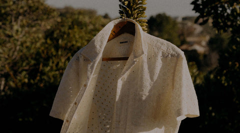 editorial image of The Short Sleeve Hawthorne in Vintage White Embroidered Eyelet