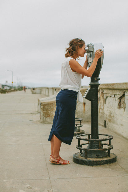 Modeling The Samantha, looking through pay-per-view binoculars on a sea front promenade.