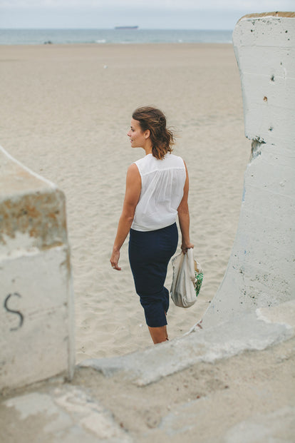 Modeling The Samantha, looking out over the beach.