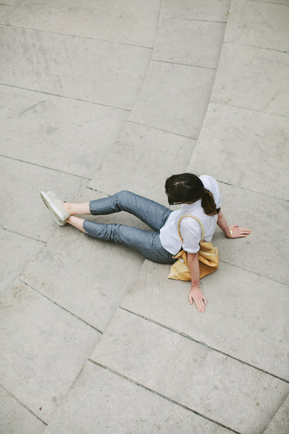 Modelling the pants - sitting on steps.