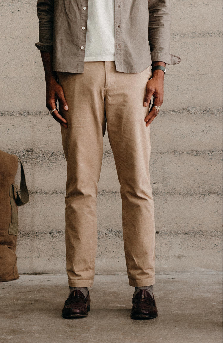 Model wearing The Foundation Pant in Organic Khaki