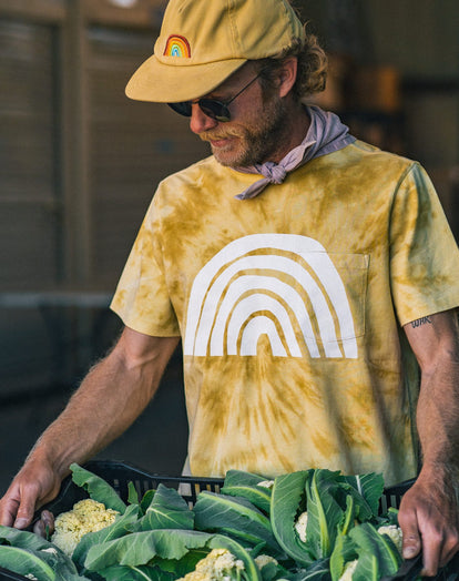 The Organic Cotton Tee in Ecology Center on a wooden ledge in the sun