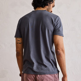 fit model showing the back of The Cotton Hemp Tee in Navy, Knits by Taylor Stitch