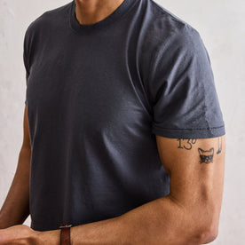 fit model showing the sleeves on The Cotton Hemp Tee in Navy, Knits by Taylor Stitch