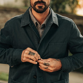 fit model buttoning the front of The Ojai Jacket in Organic Navy Foundation Twill, Outerwear by Taylor Stitch