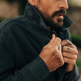 fit model buttoning up The Ojai Jacket in Organic Navy Foundation Twill, Outerwear by Taylor Stitch