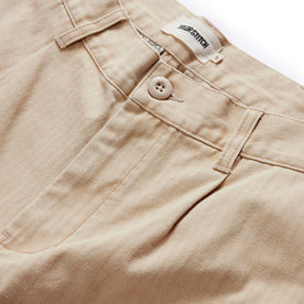 material shot of the button fly on The Matlow Short in Dune Washed Herringbone, Bottoms by Taylor Stitch