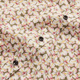 material shot of the dark buttons on The Short Sleeve California in Coastal Flora, Wovens by Taylor Stitch