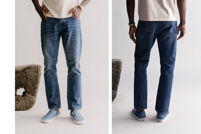 Split shot showing our guy from the front and back, in democratic selvedge jeans and a plain white tee.