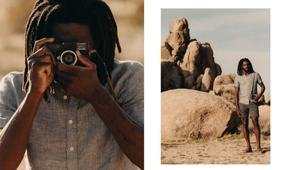 fit model posing in The Short Sleeve California in Faded Navy Hemp