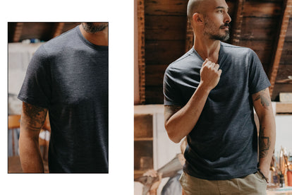 Model wearing the merino wool t-shirt in black