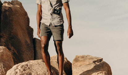 fit model wearing The Camp Short in Coal Chipped Canvas