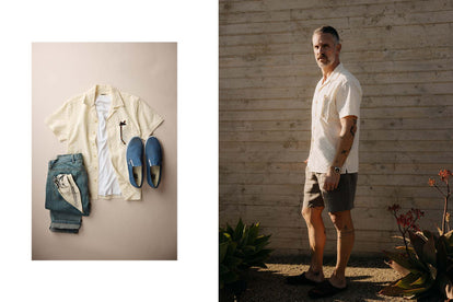 fit model posing next to a flatlay wearing The Short Sleeve Hawthorne in Vintage White Embroidered Eyelet