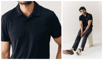 fit model posing in The Merino Polo in Heather Black