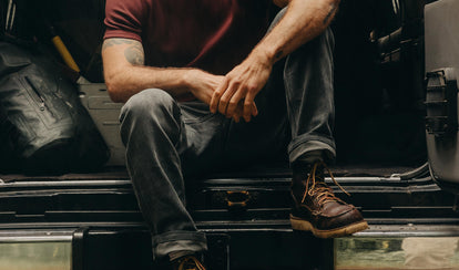 fit model wearing The Camp Pant in Coal Chipped Canvas