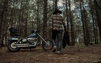 back shot of ben wearing the moto shirt.