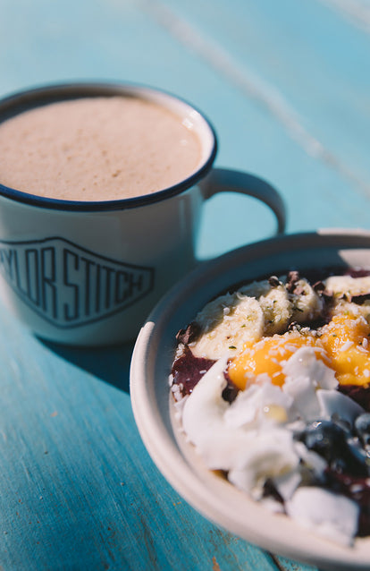 Close cropped shoto of a breakfast plate and Taylor Stitch camp mug full of coffee.