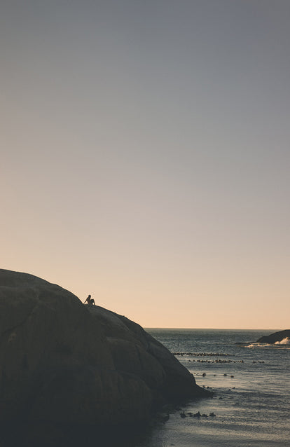 Someone sitting in the distance on an outcropping boulder, with ocean birds swimming around the base.