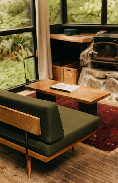 Interior of a wooden cabin.