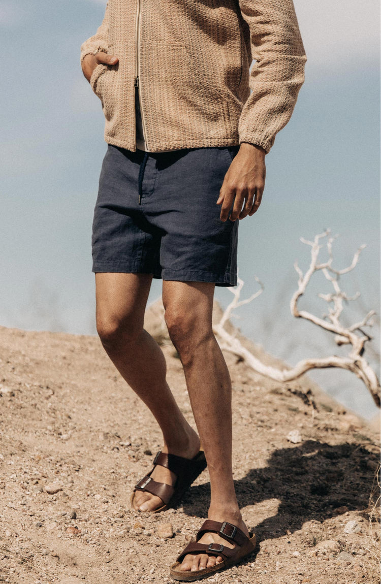 Our model wearing The Apres Short in Granite Hemp