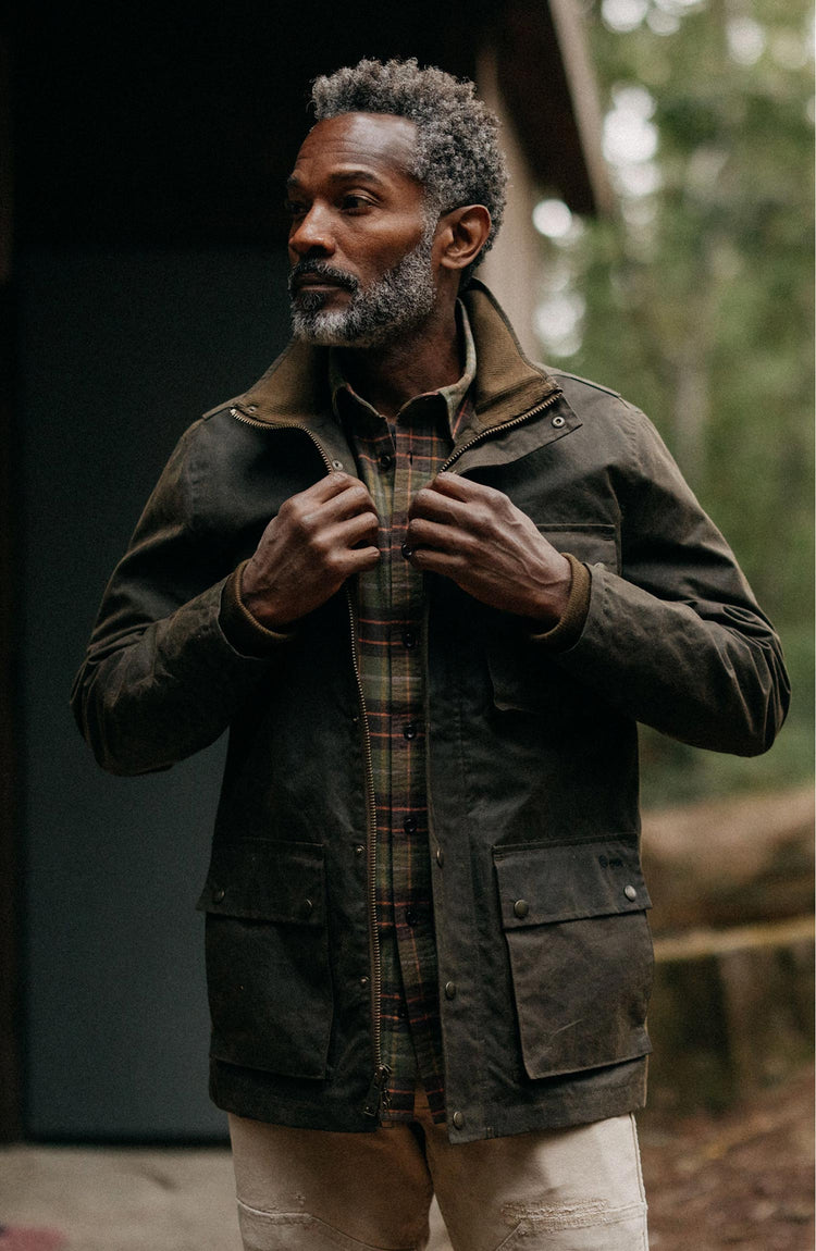 Model in The Clutch Jacket in Soil Waxed Canvas