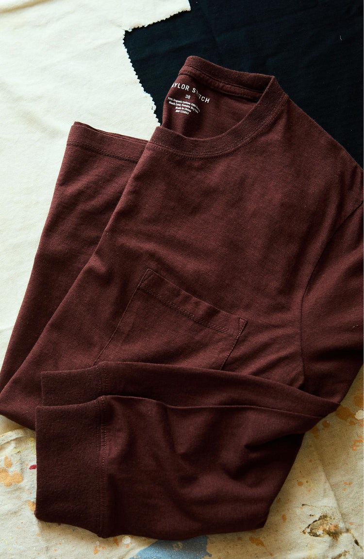 fit model in The Cotton Hemp Long Sleeve Tee in Burgundy