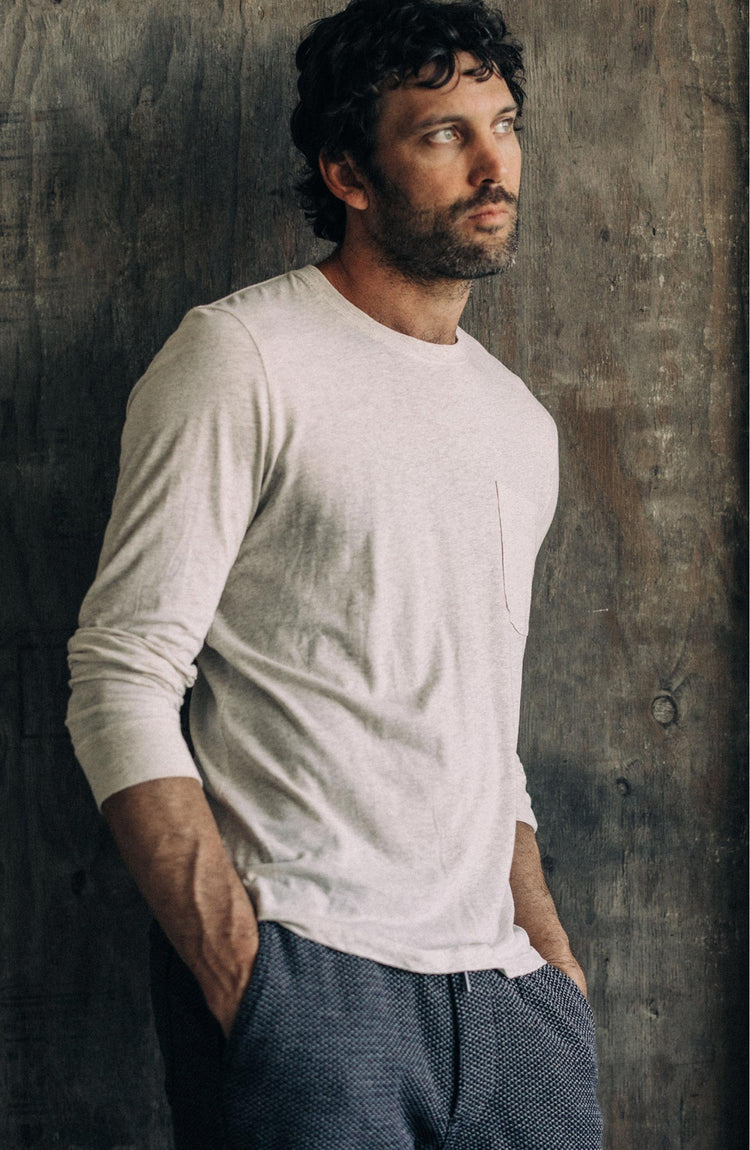 fit model in The Cotton Hemp Long Sleeve Tee in Heathered Oat