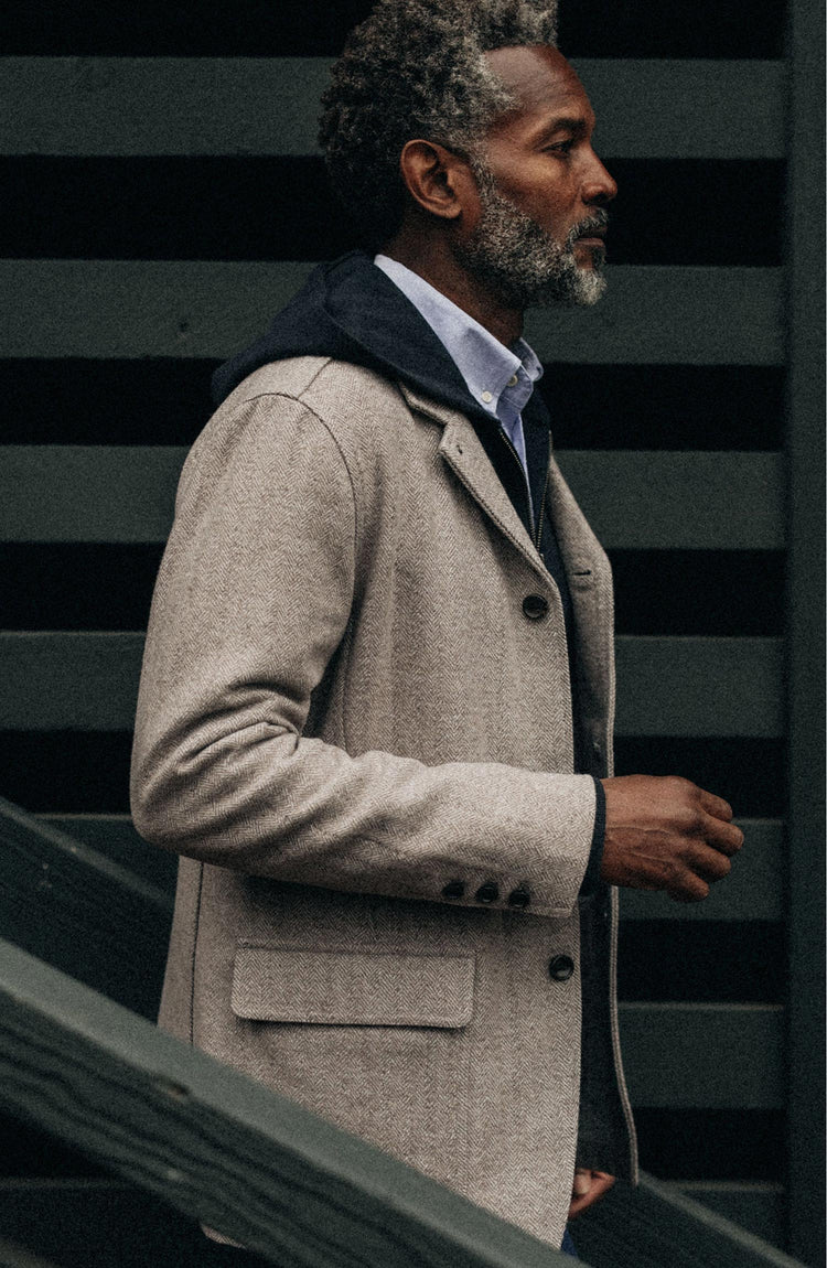 Our model wearing The Gibson Jacket in Heathered Oat Nep Herringbone