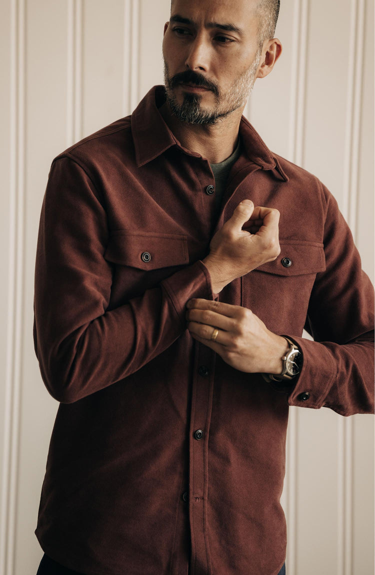 fit model posing in The Maritime Shirt Jacket in Black Cherry Moleskin