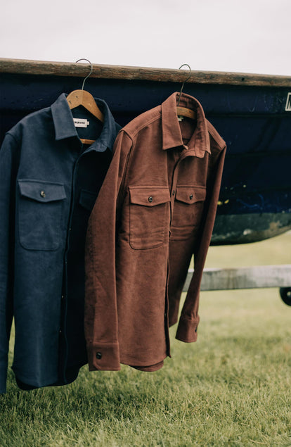 editorial image of The Maritime Shirt Jacket in Black Cherry Moleskin