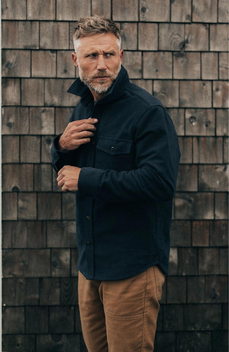 fit model posing in The Maritime Shirt Jacket in Dark Navy Moleskin