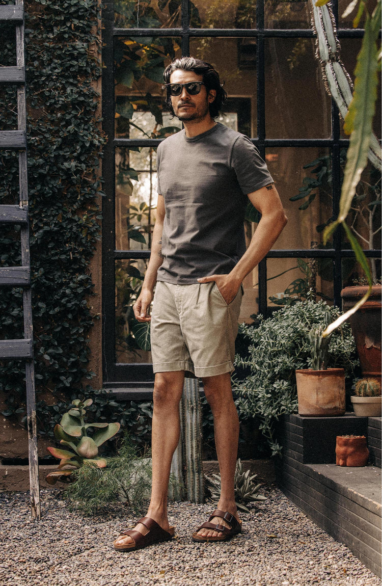 Our model wearing The Matlow Short in Arid Eucalyptus Washed Herringbone