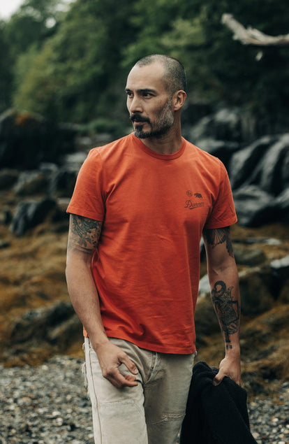 fit model walking wearing The Organic Cotton Tee in Coastal Trail