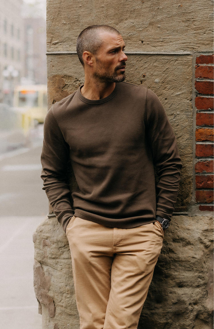 fit model in The Organic Cotton Waffle Crew in Fatigue Olive