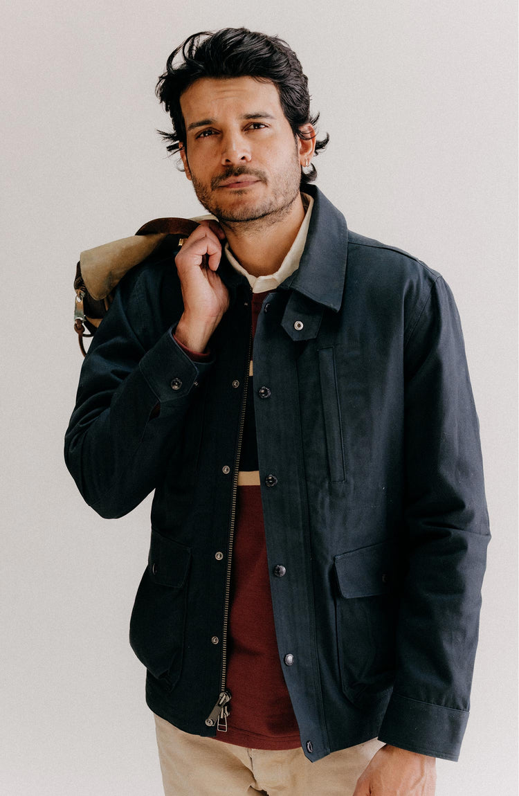 fit model wearing The Pathfinder Jacket in Dark Navy Dry Wax