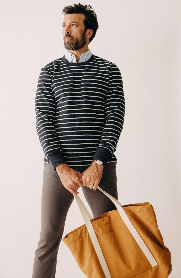 fit model posing wearing The Adams Crew in Dark Navy Stripe Reverse Terry