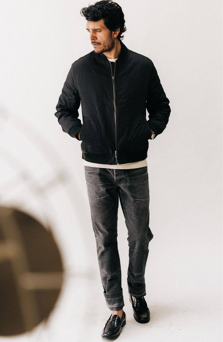 fit model wearing The Bomber Jacket in Coal Dry Wax