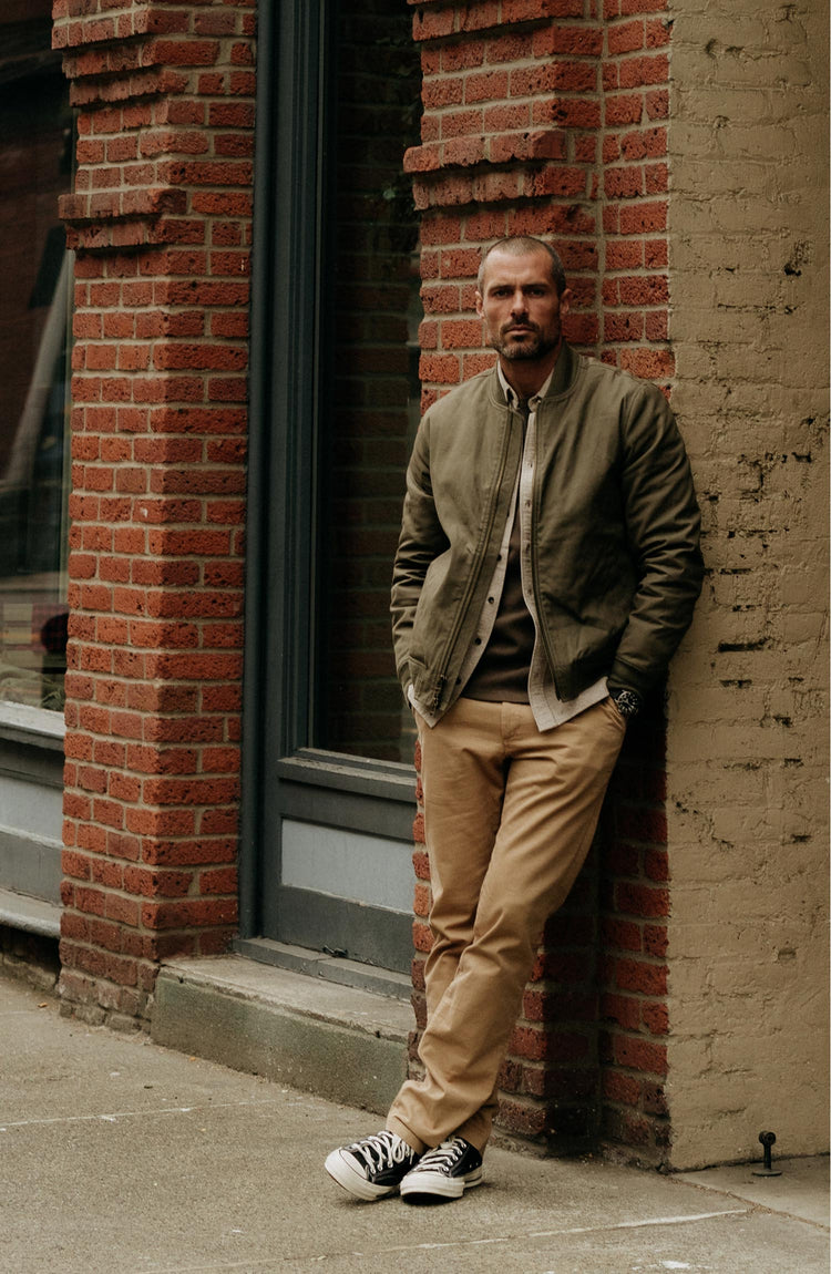 fit model wearing The Bomber Jacket in Fatigue Olive Dry Wax