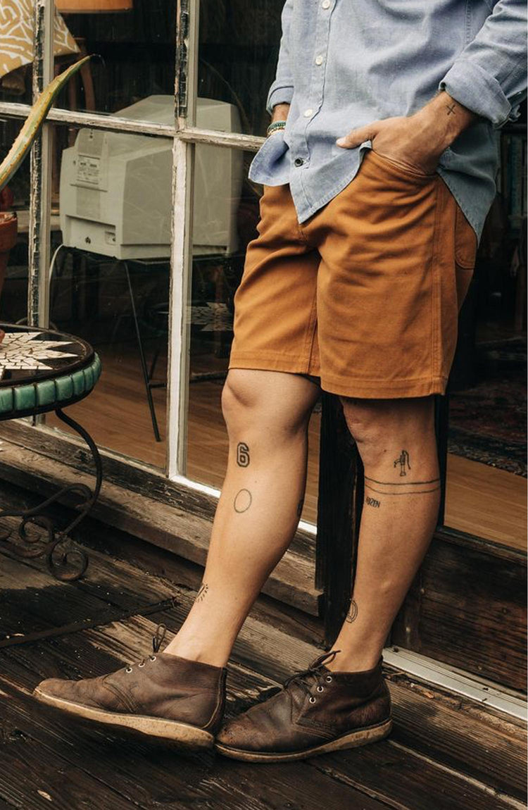 Our model wearing The Camp Short in Cedar Boss Duck