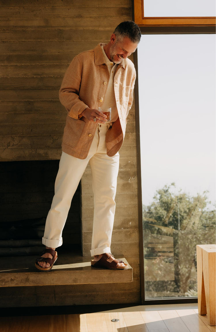 fit model posing in The Ojai Jacket in Chili Stripe Linen