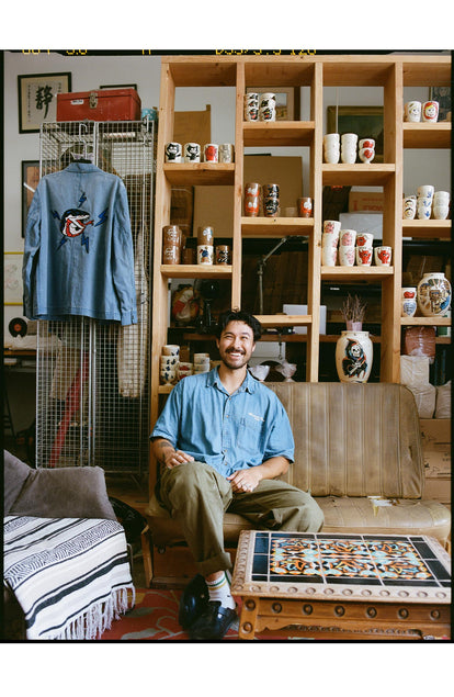 editorial image of Danny D in his studio for The Ojai Jacket in Embroidered French Blue Herringbone