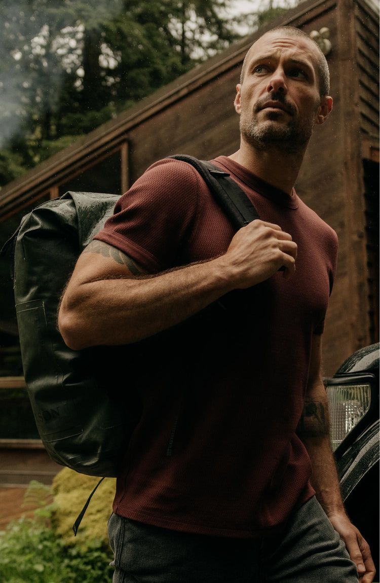 fit model walking wearing The Organic Cotton Short Sleeve Crew in Burgundy Waffle