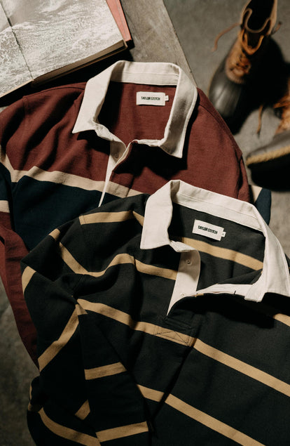 editorial flatlay of The Rugby Shirt in Dried Cherry Stripe