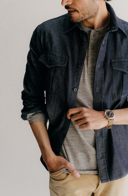 fit model posing in The Saddler Shirt in Indigo Broken Twill