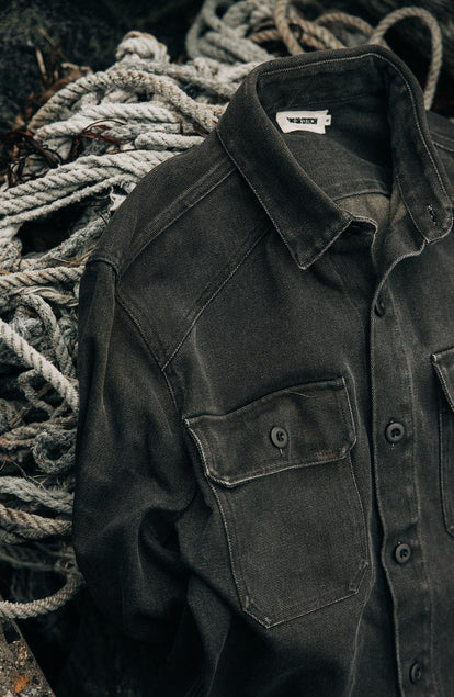 editorial image of The Shop Shirt in Soil Chipped Canvas on some rope