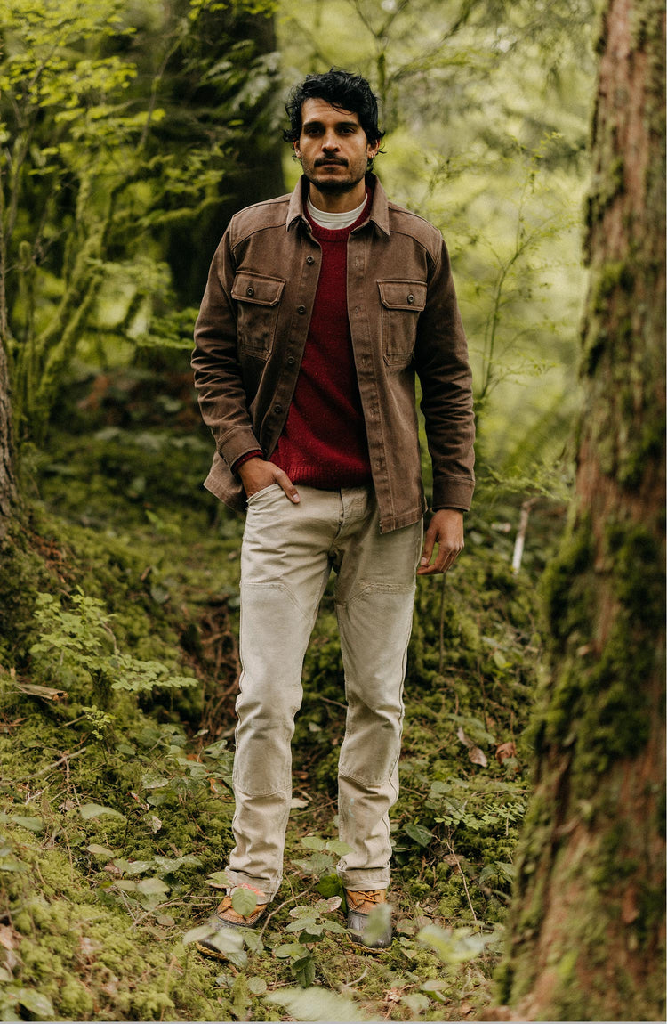 fit model wearing The Shop Shirt in Chipped Canvas