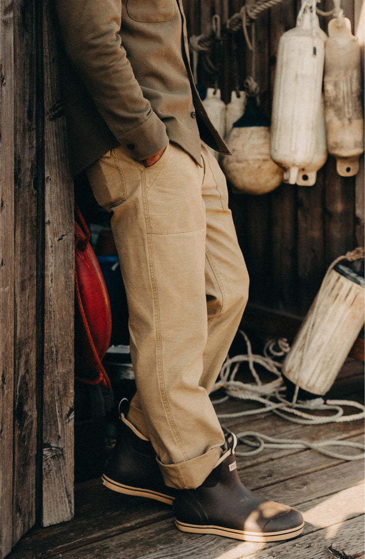 fit model posing in The Surplus Pant in Khaki Reverse Sateen