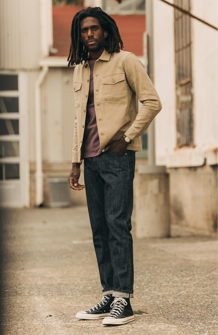 fit model posing in The Surplus Shirt in Khaki Reverse Sateen