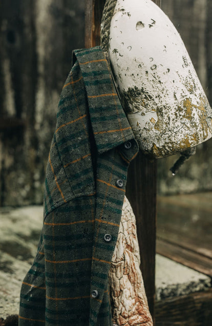 fit model standing in The Yosemite Shirt in Dark Forest Plaid