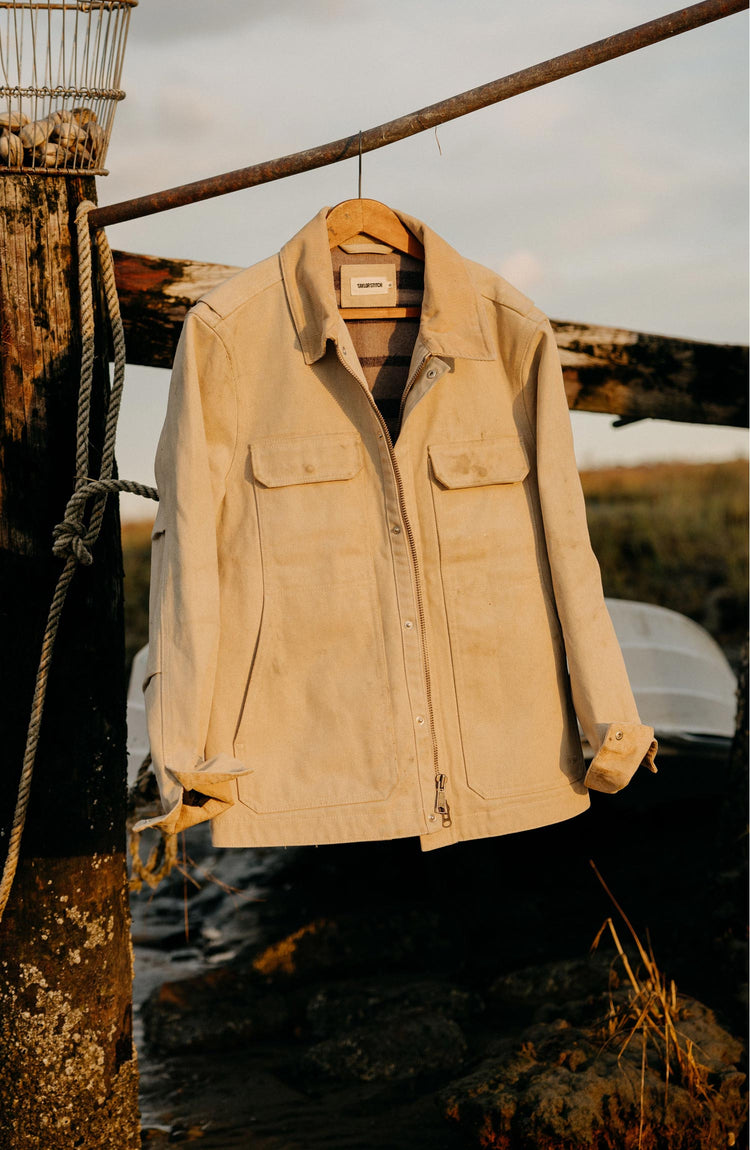 Model in The Workhorse Jacket in Light Khaki Chipped Canvas